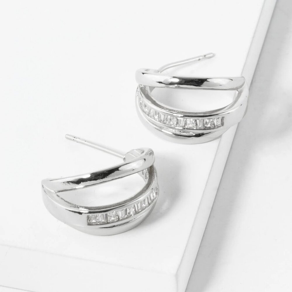 WHITE GOLD DIPPED BAGUETTE CZ ACCENTS 20MM CLAW HOOP EARRINGS